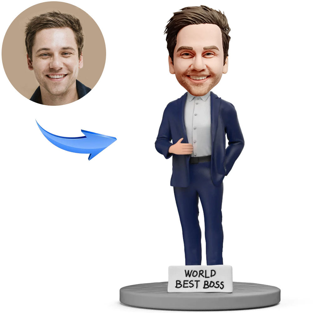 Blue Suit WORLD BEST BOSS Custom Bobblehead with Engraved Text