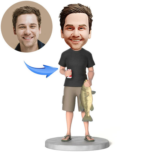 Custom Fisherman Bobblehead Catch a Big Fish Men's Black Shirt