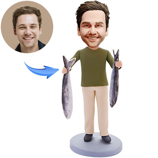 Custom Bobblehead Man Carrying Two Small Fish With Engraved Text